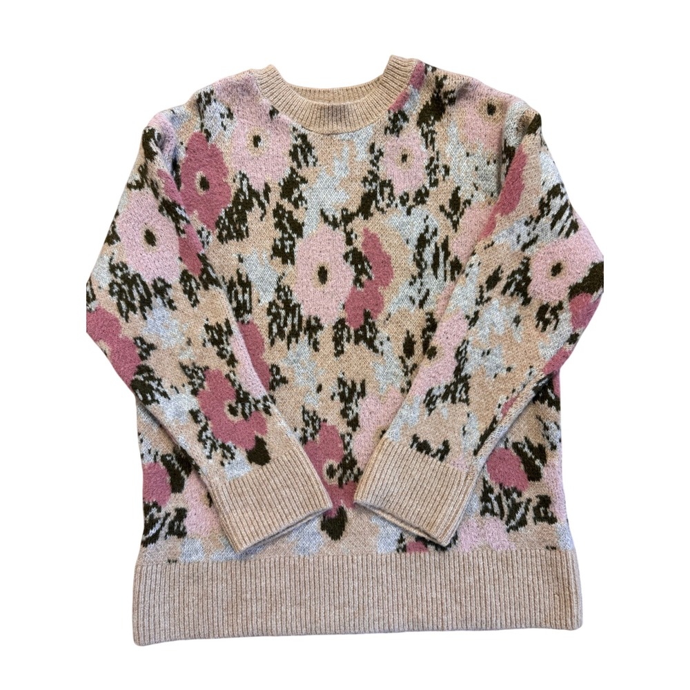 Zara Women Pink Floral Knit‎ Crewneck Sweater Tan Green Abstract Size S